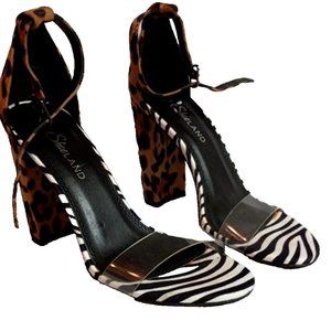 ShoeLAND womans animal Crisscross Strappy 3" Chunky Block Heels Sandals Size 7